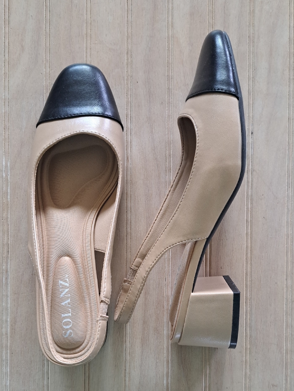 NWOT Solanz Jane Parisian Cap-Toe Slingback Nude Blk Block Heel Classy Chic